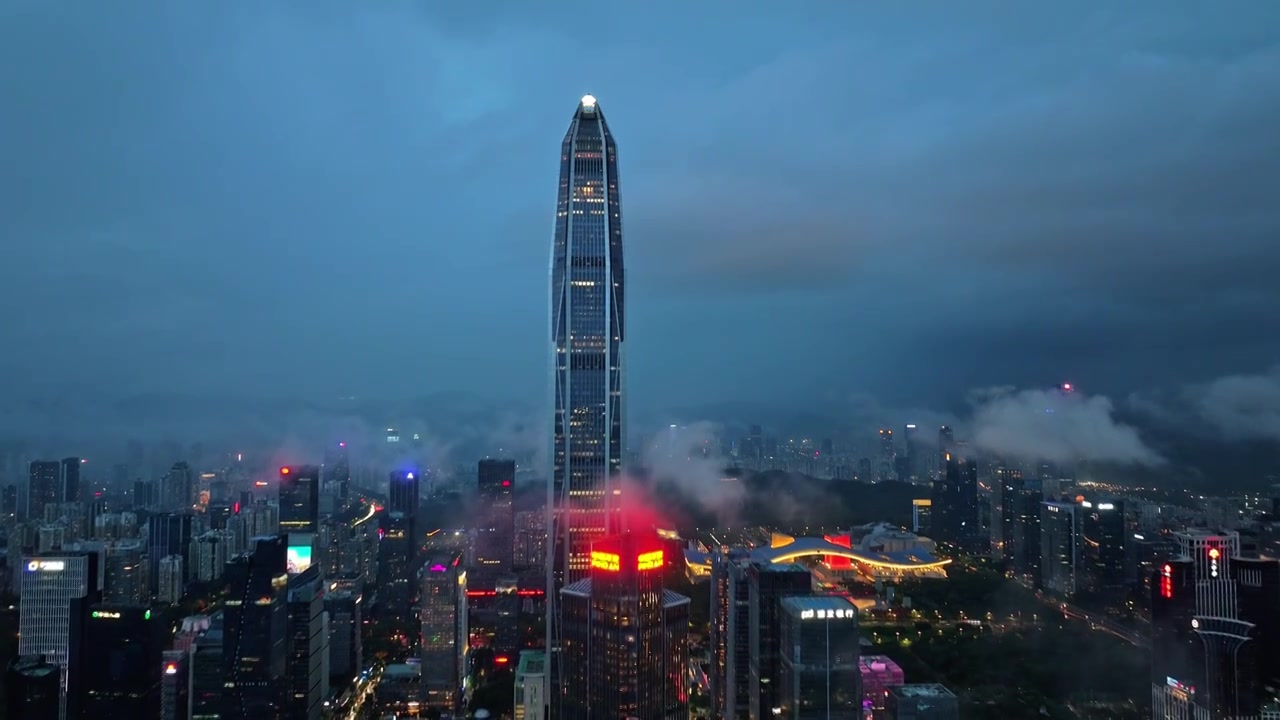 深圳福田CBD大湾区平安大厦夜景蓝调航拍视频素材