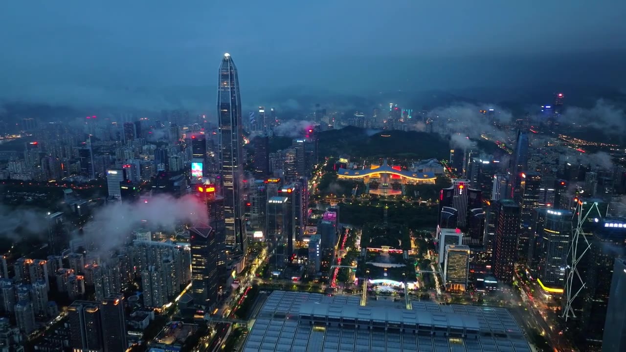 深圳福田CBD大湾区平安大厦夜景蓝调航拍视频素材