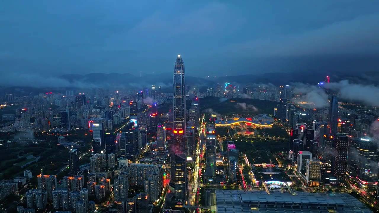 深圳福田CBD大湾区平安大厦夜景蓝调航拍视频素材