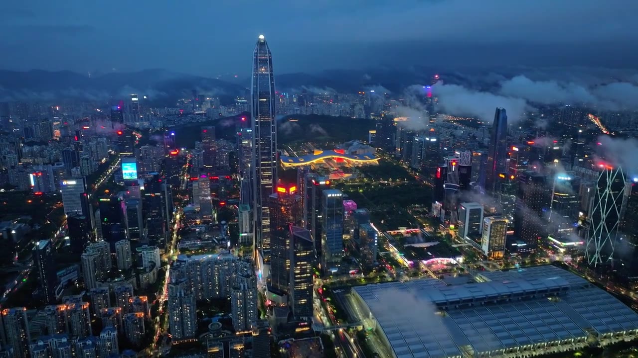 深圳福田CBD大湾区平安大厦夜景蓝调航拍视频素材