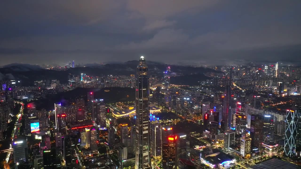 深圳福田CBD大湾区平安大厦夜景蓝调航拍视频素材