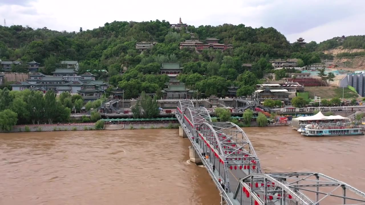 航拍兰州市黄河中山桥步行街视频素材