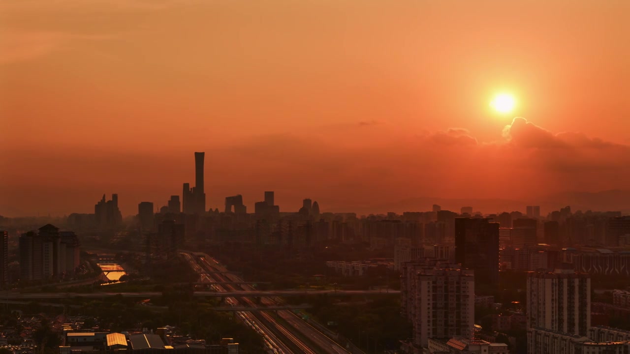 航拍日出北京CBD地标建筑全景延时视频素材