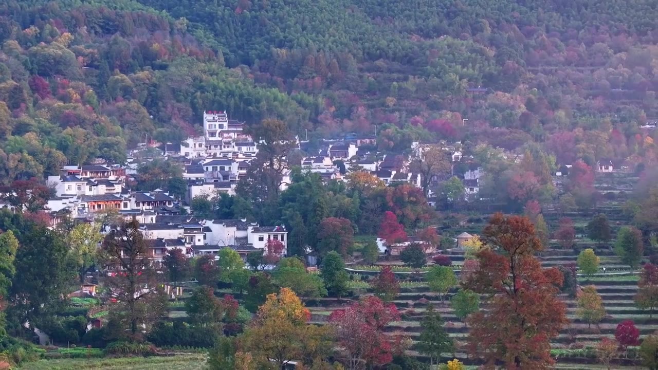 安徽黄山塔川徽派建筑群航拍视频素材