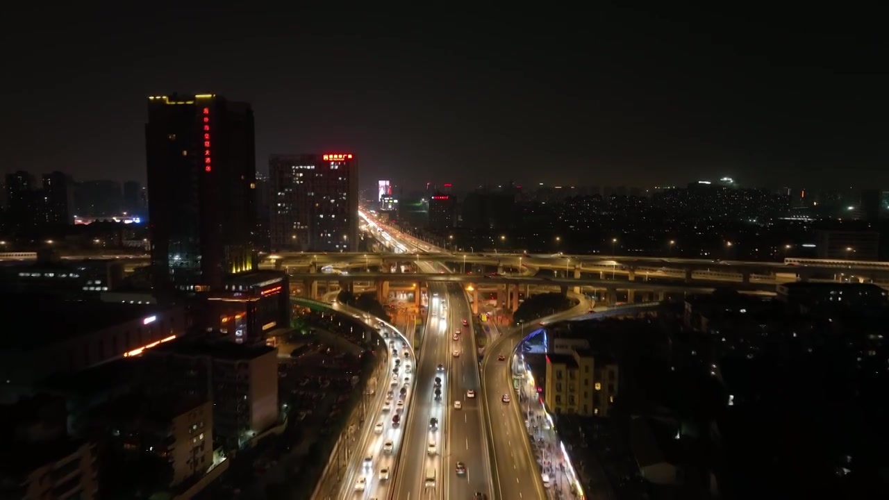 杭州上塘高架得胜高架立交桥夜景航拍视频下载