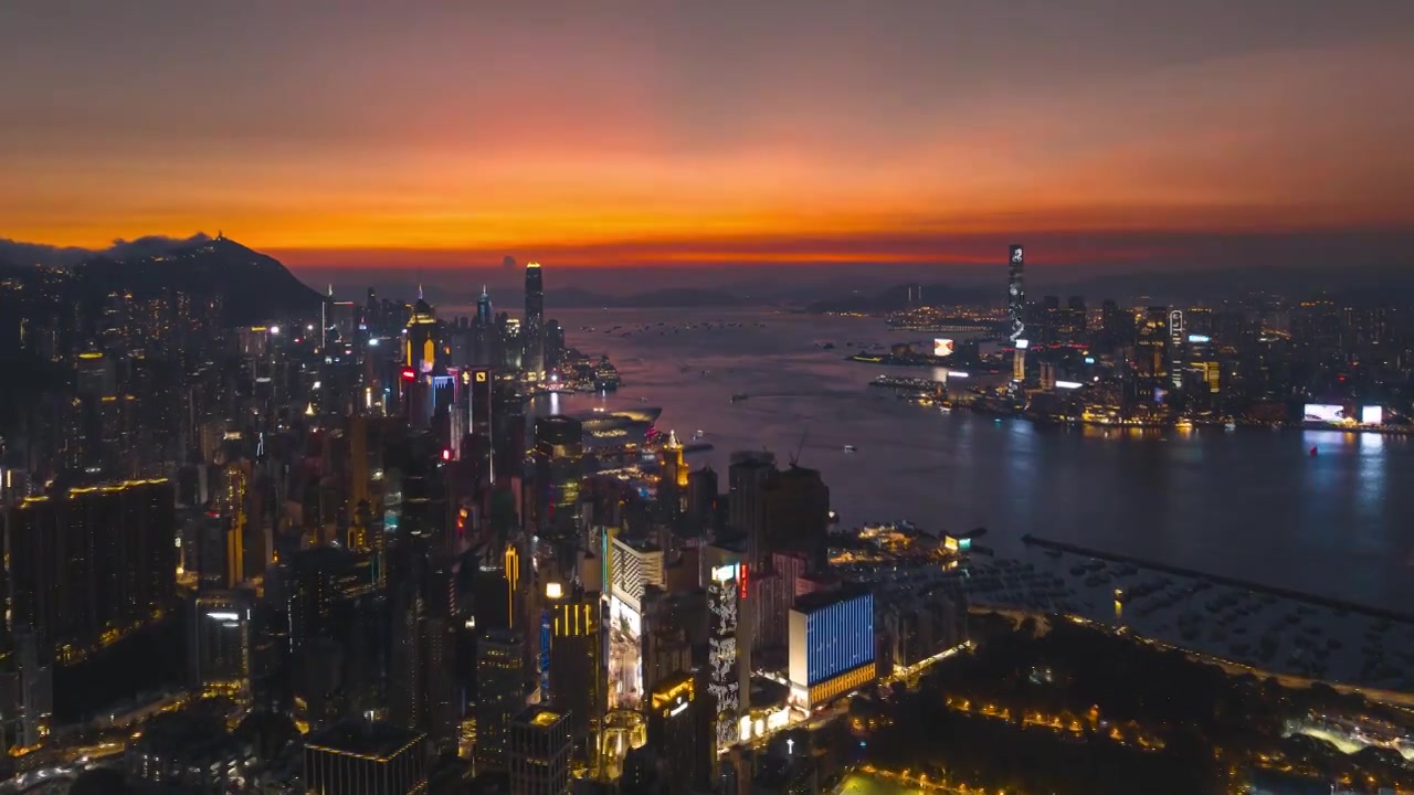 香港城市晚霞夜景航拍延时视频素材