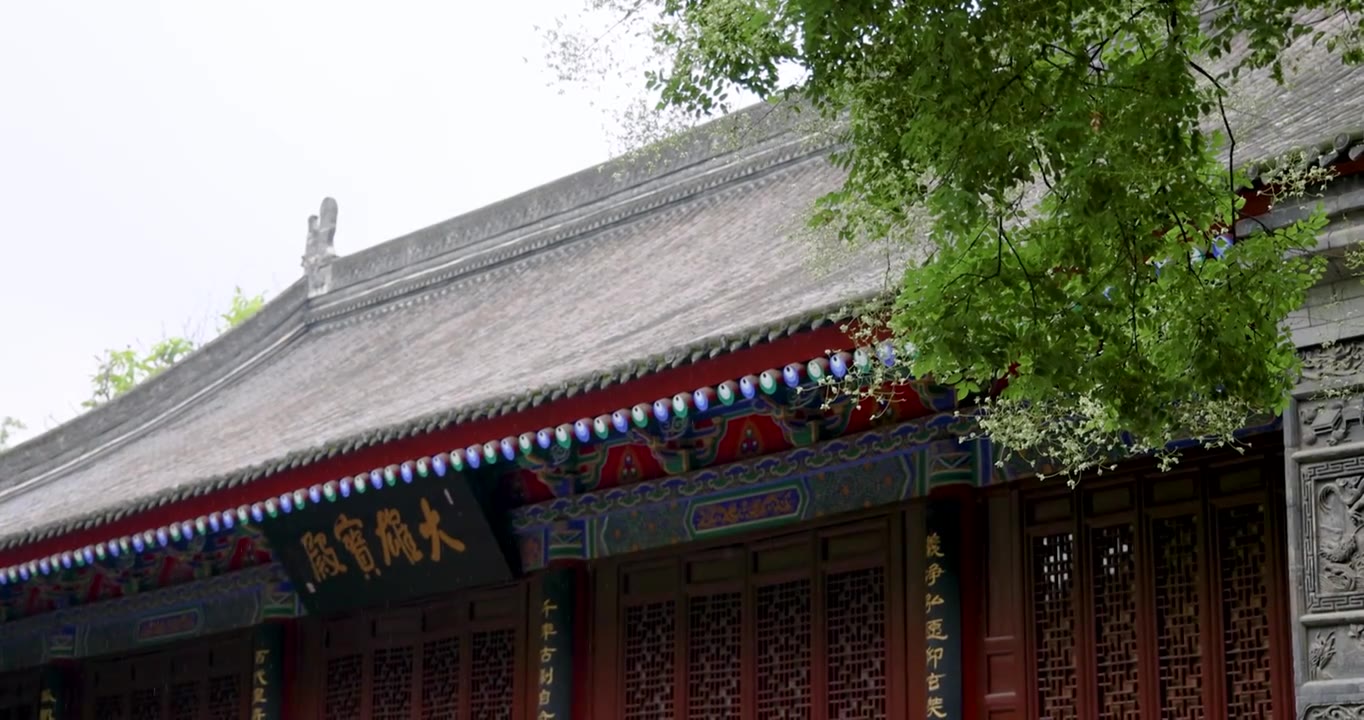 传统建筑: 雨中的荐福寺大雄宝殿视频素材