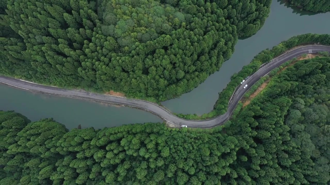 车行驶在湖北利川星斗山自然保护区森林水库之中视频下载