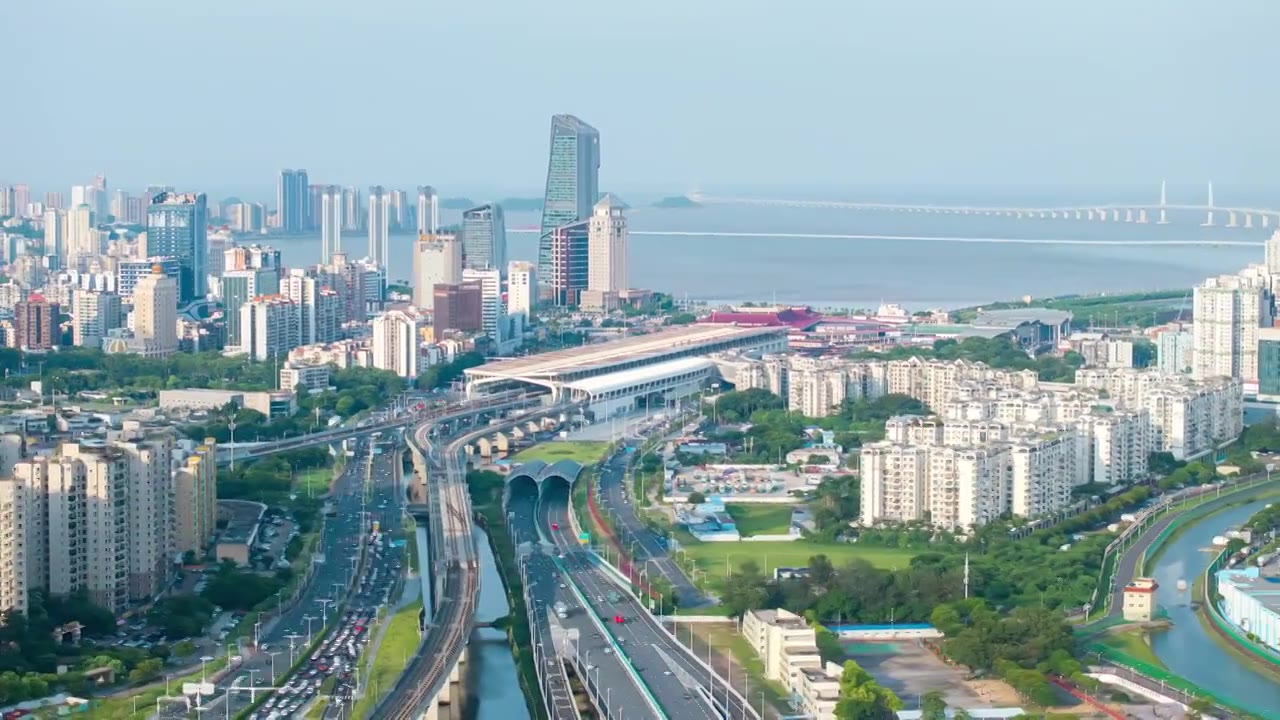 航拍珠海拱北车流高峰4k延时视频素材