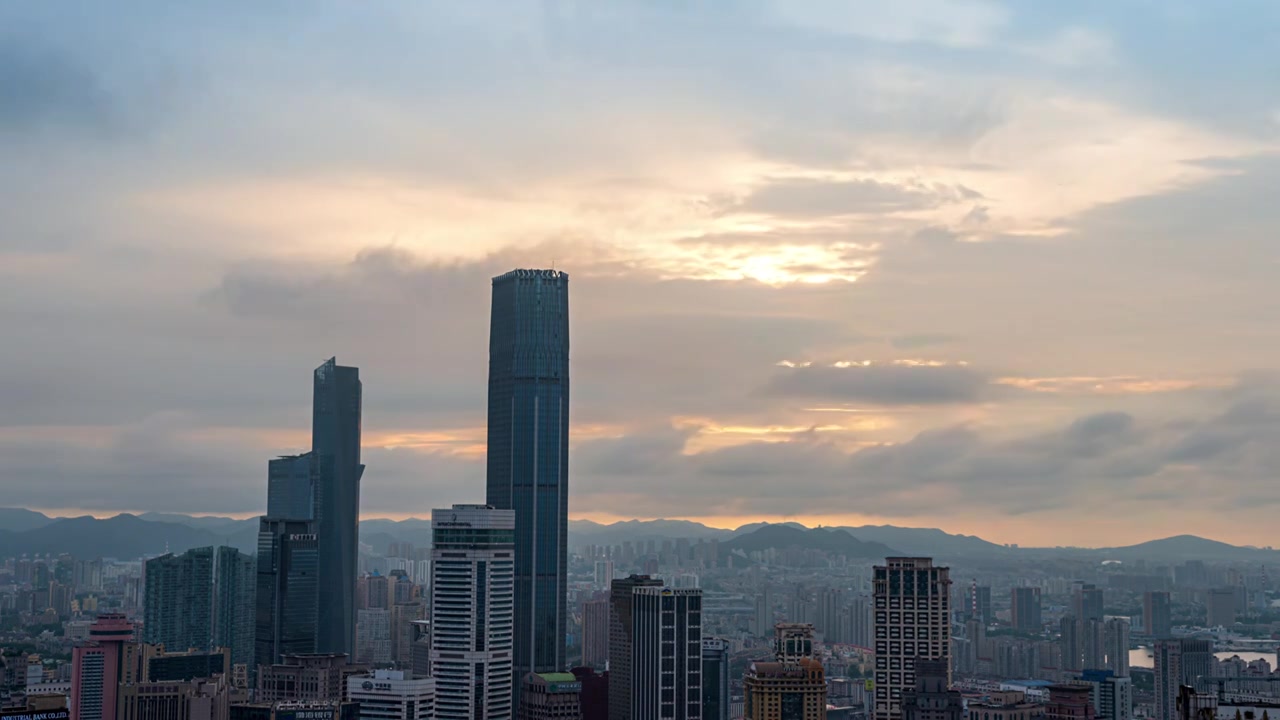 大连市繁华商业中山区CBD晚霞夕阳夜景视频素材