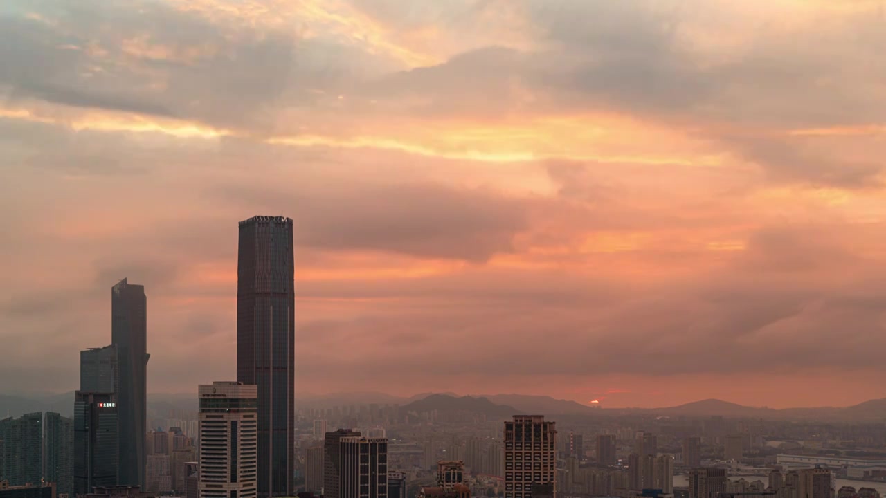 大连市繁华商业中山区CBD晚霞夕阳夜景视频素材