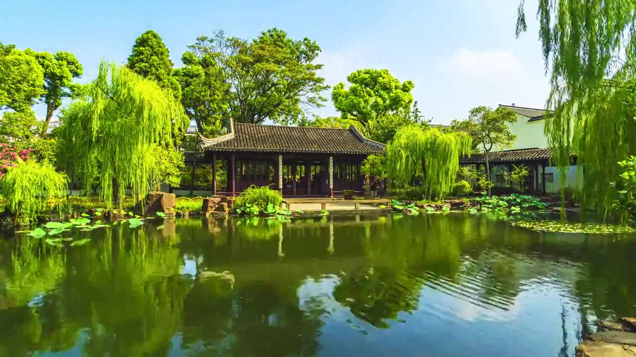 夏天，苏州园林可园，园林建筑与池塘的倒影，两岸的垂柳，云卷云舒视频下载