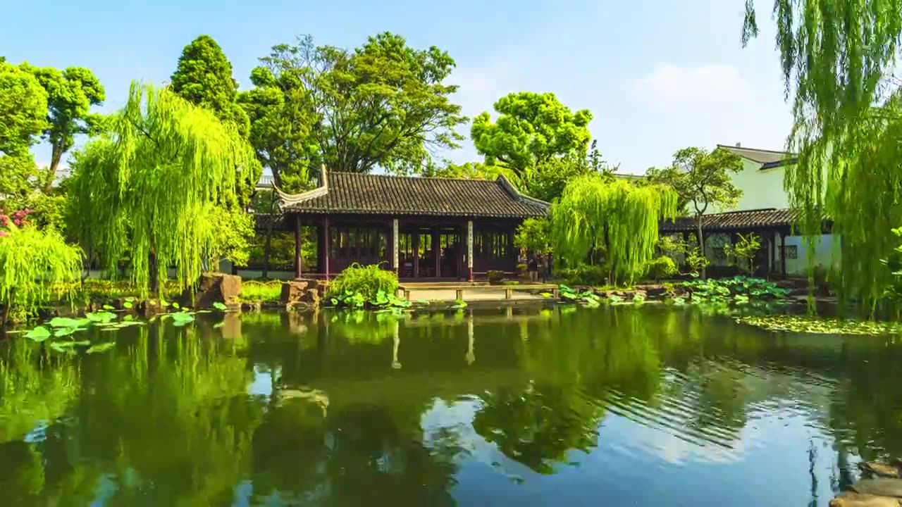 夏天，苏州园林可园，园林建筑与池塘的倒影，两岸的垂柳，云卷云舒视频下载