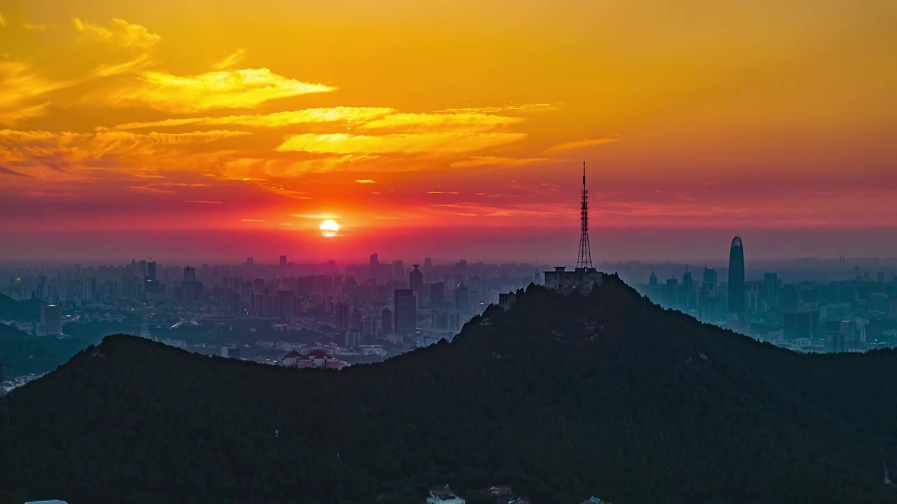 济南燕子山佛慧山夕阳晚霞航拍延时视频下载