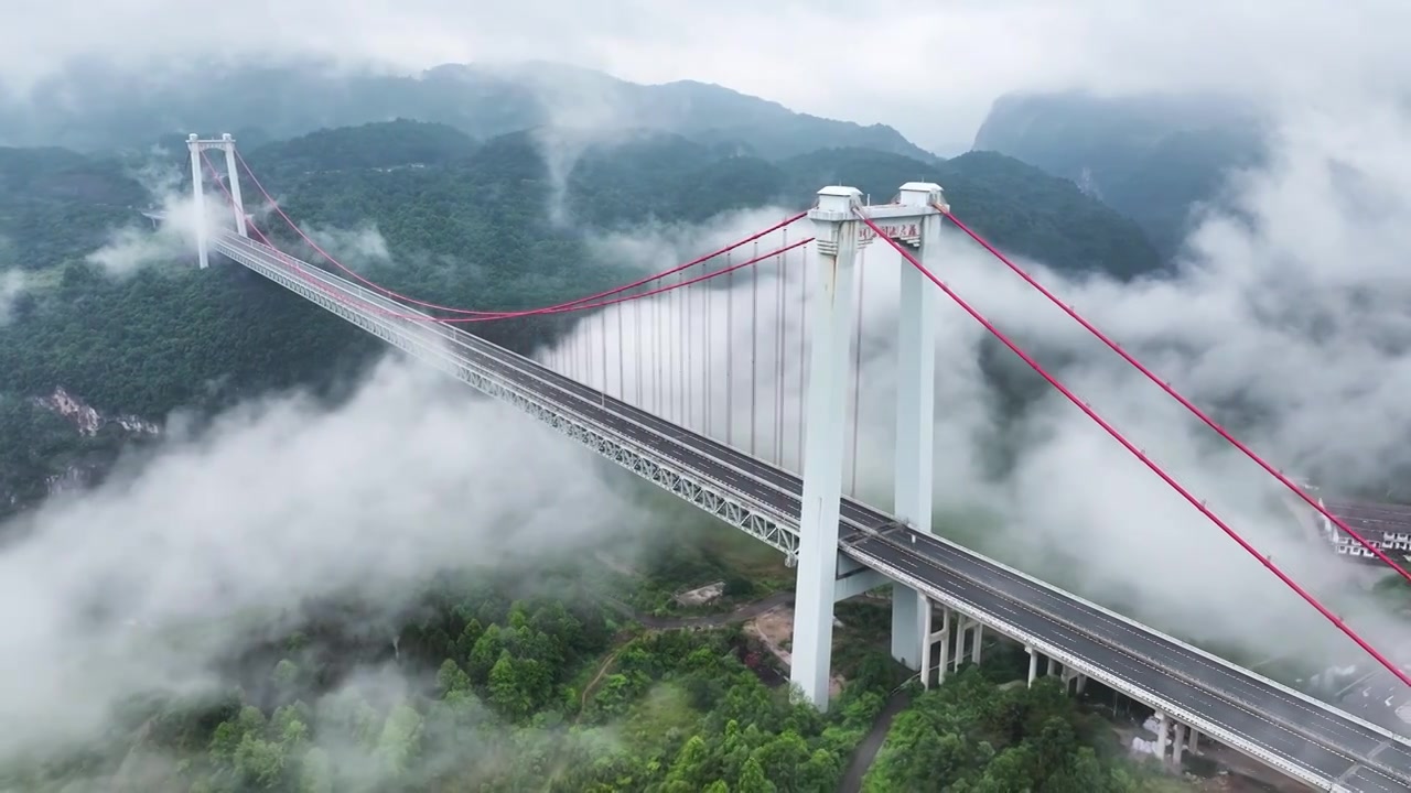 夏天早晨云雾中的湖南省张家界张花澧水大桥 吊桥 云雾 云景视频下载