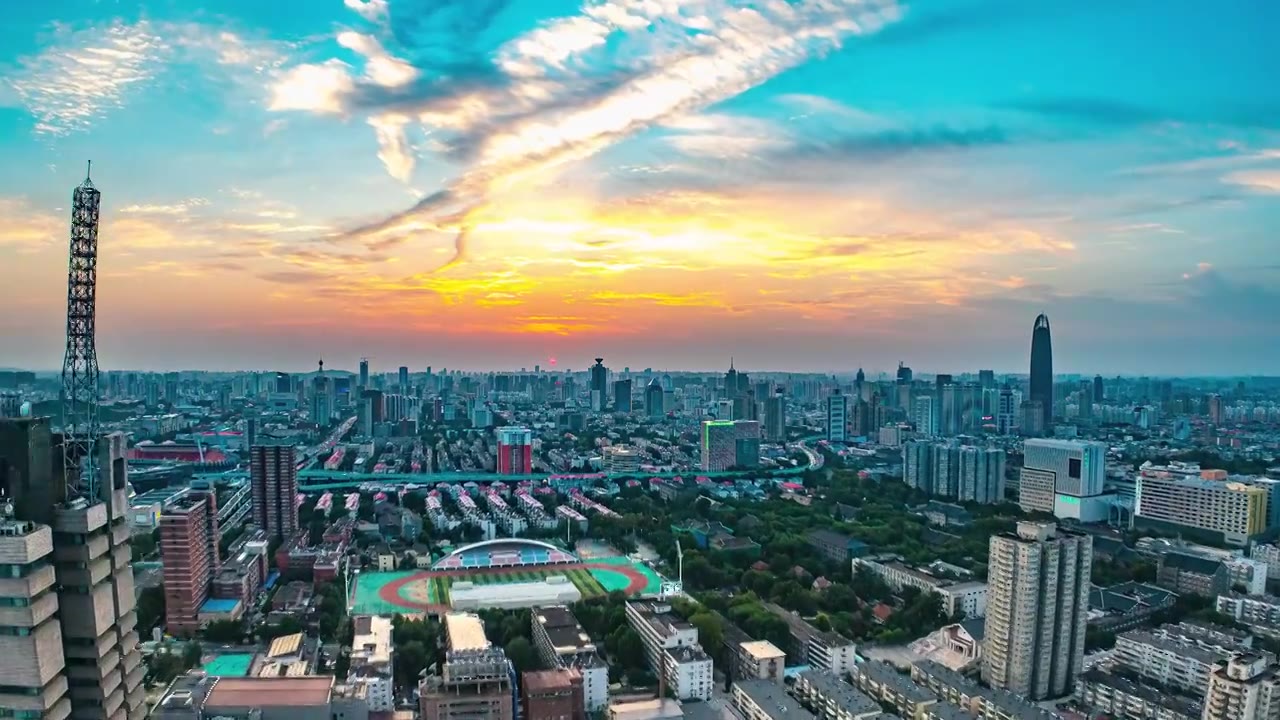 济南顺河高架夕阳晚霞航拍延时视频下载