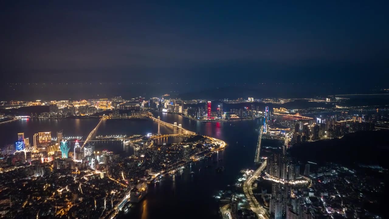 航拍珠海横琴、澳门天际线夜景4k延时视频下载