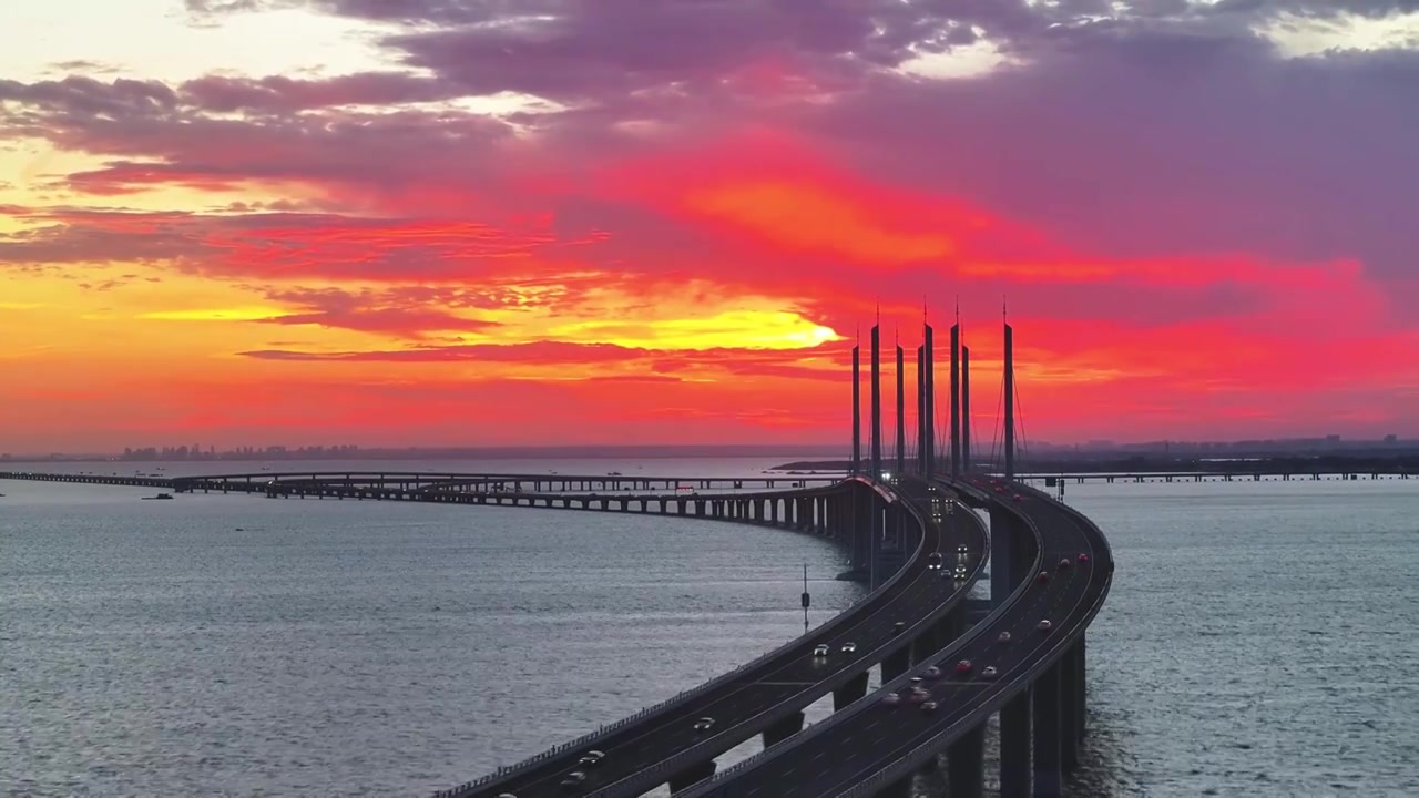 青岛胶州湾跨海大桥夕阳视频下载