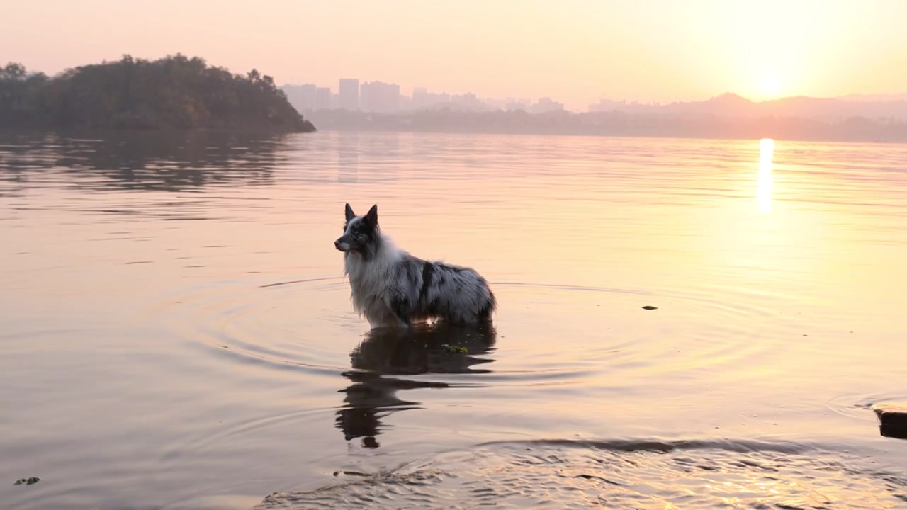 边境牧羊犬宠物狗在河水中嬉戏视频下载