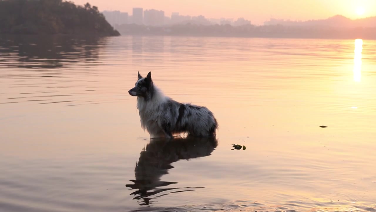 边境牧羊犬宠物狗在河水中嬉戏视频下载