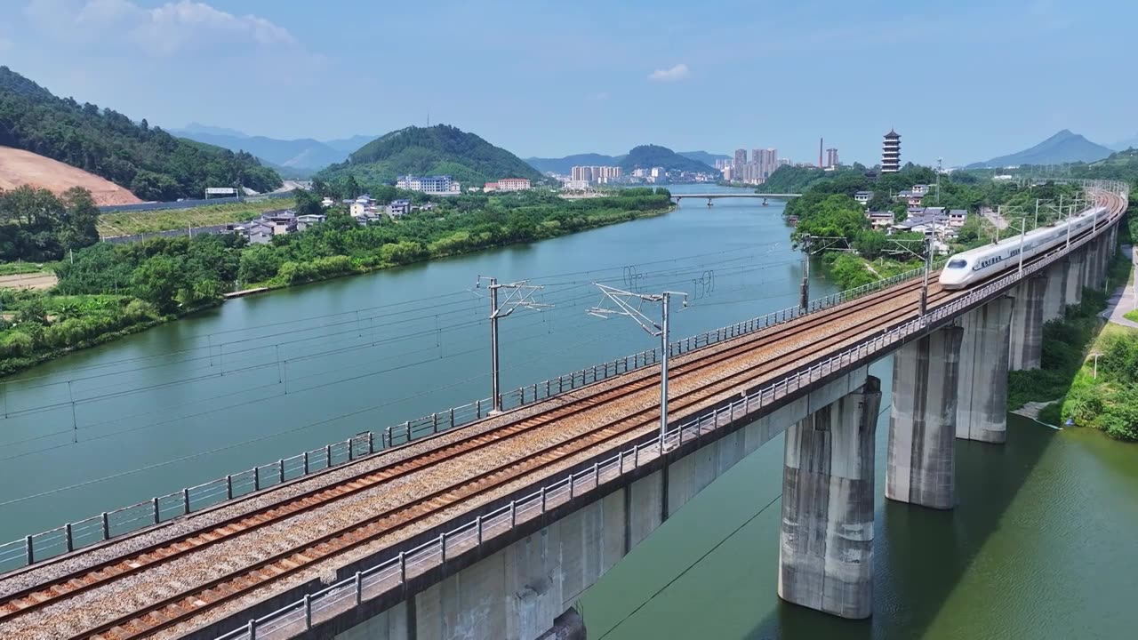 高铁和谐号两车交汇大气航拍视频素材