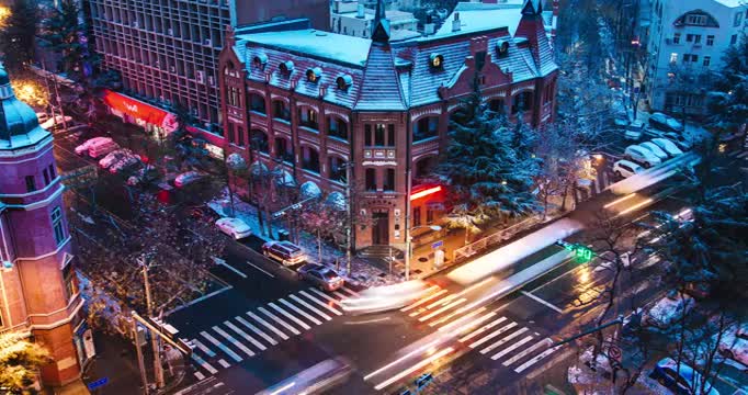 青岛老城区建筑雪景夜景延时视频购买