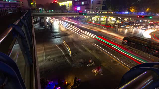 人行天桥夜景车流延时视频素材