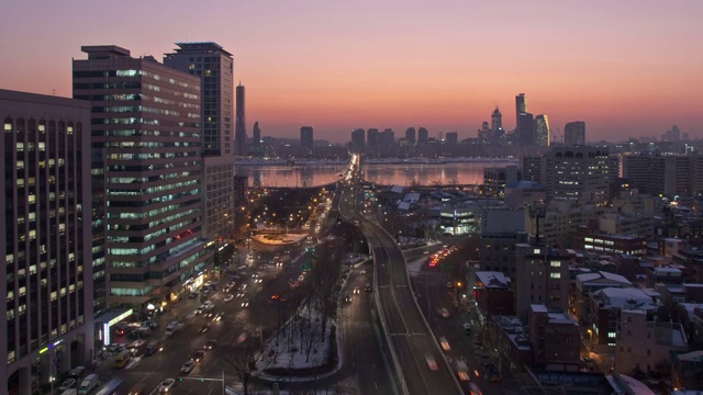 首尔元孝桥的日落和夜景视频素材