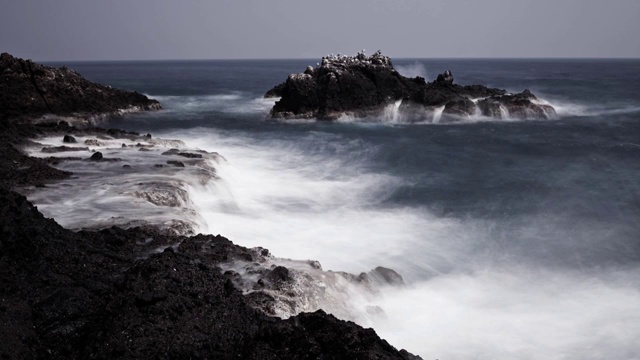 在独岛(位于韩国东海岸)海岸上的波浪破碎的景象视频素材