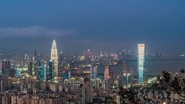 深圳湾城市天际线黄昏转夜景灯光秀视频素材