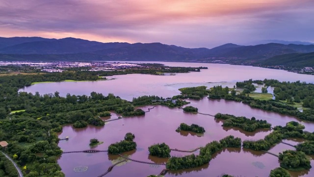 西昌湿地公园日出空中延时镜头视频素材