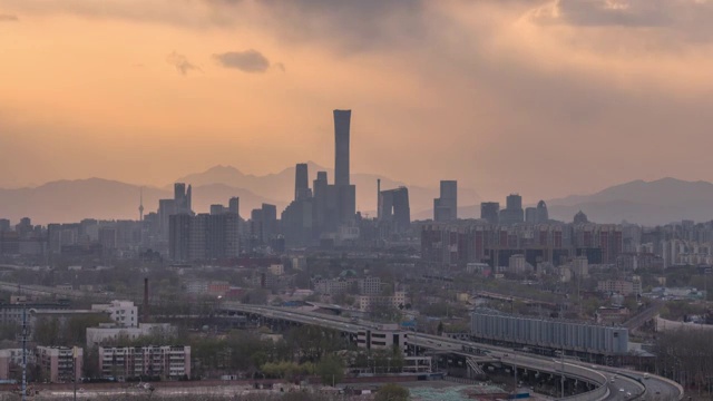 北京国贸都市风光广角日落延时摄影视频素材