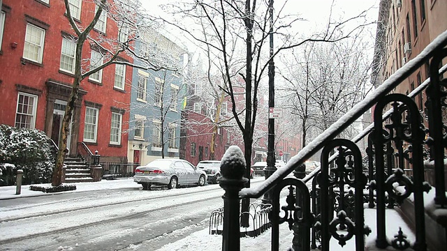 WS警车在雪中行驶在格林尼治村的街道上，在前景中颠簸/纽约，美国视频素材