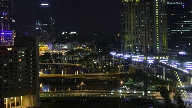 从黄昏到夜晚，摩天大楼和雅拉河的景色，皇冠赌场的火焰闪烁/澳大利亚维多利亚州墨尔本视频素材