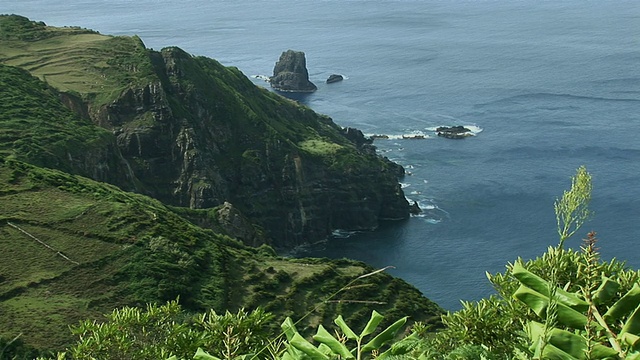 葡萄牙亚速尔群岛弗洛雷斯岛Mosteiro的岩石海岸和绿色平坦的田野视频素材