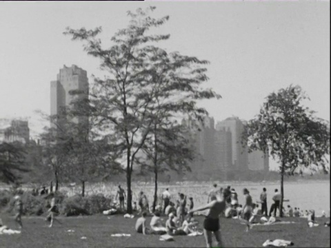 1938年7月4日，美国伊利诺伊州芝加哥市，人们在河边的草地上休息视频素材