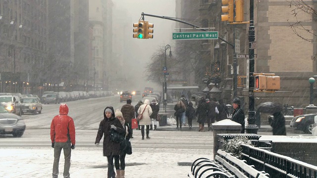 美国纽约，暴风雪期间，人们在中央公园西侧穿过72街视频素材