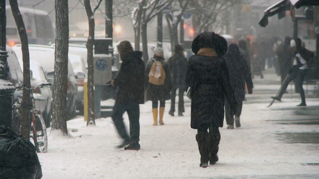 雪中行走在人行道上的人们/纽约，美国视频素材