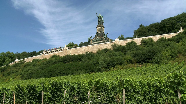 在德国莱茵兰-普法尔茨(Rhineland-Palatinate) RÃ¼desheim /莱茵-山谷附近的Niederwald-Monument旅游景点视频素材