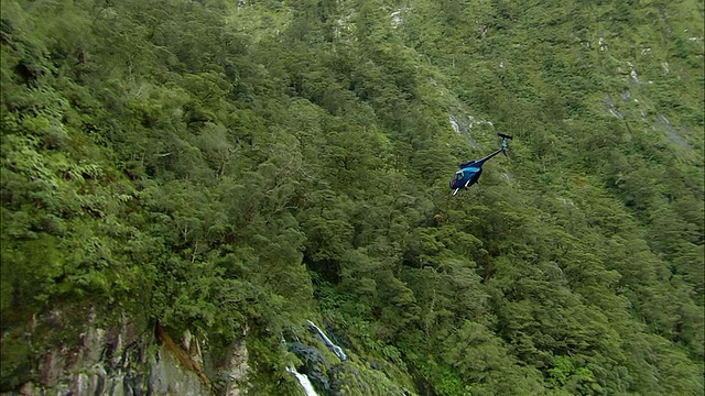 空对空，直升机在森林和瀑布上空飞行，峡湾国家公园，新西兰视频素材