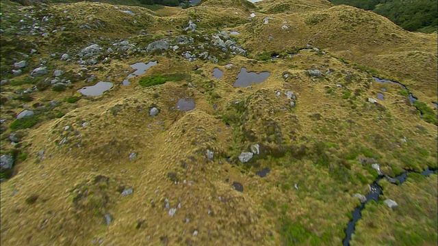 空对空，直升机在新西兰峡湾国家公园的山湖上空飞行视频素材