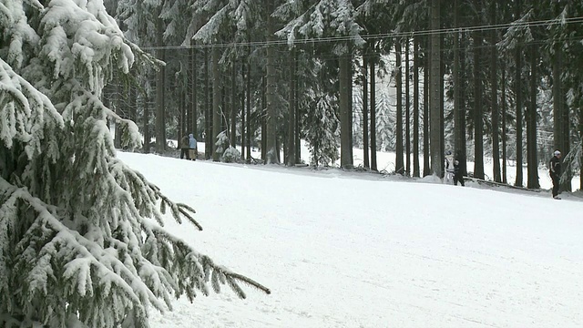 冬季在埃尔别斯科夫滑雪的人们，HunsrÃ¼ck /德国莱茵兰-普法尔茨的莫巴赫视频素材