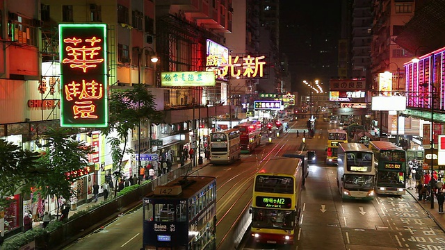 WS HA晚上繁忙的市中心街道/中国香港视频素材