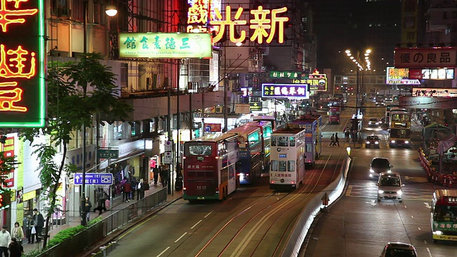 WS HA晚上繁忙的市中心街道/中国香港视频素材