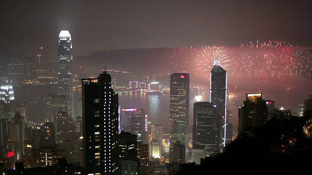 WS HA市中心天际线与烟花表演/中国香港视频素材