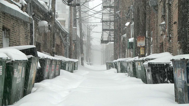 在暴风雪期间被雪覆盖的小巷视图/芝加哥，伊利诺斯州，美国视频素材