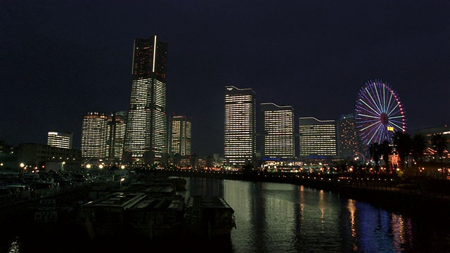 MS，城市天际线和海湾夜晚，横滨，日本视频素材