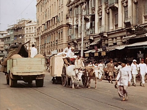 1939年，在繁忙的道路上拉车的公牛/孟买，印度视频素材