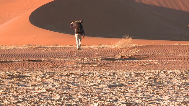 沙丘，一个人拿着三脚架走向沙丘，Sossusvlei，纳米比亚- naukluft视频素材