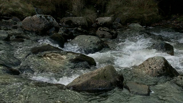 中等镜头的水流过岩石和巨石的山溪，布雷肯Beacons，威尔士视频素材